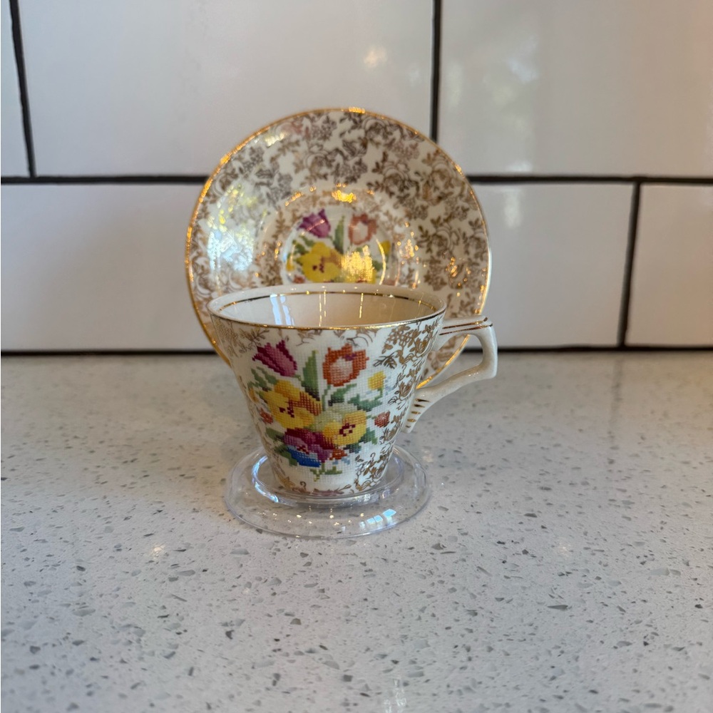 Vintage H&K Tunstall Cup & Saucer – Old English Sampler / Petit Point – EUC